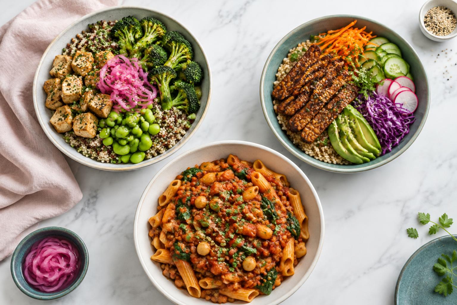 Illustrative vegan tofu and tempeh bowls with lentil pasta